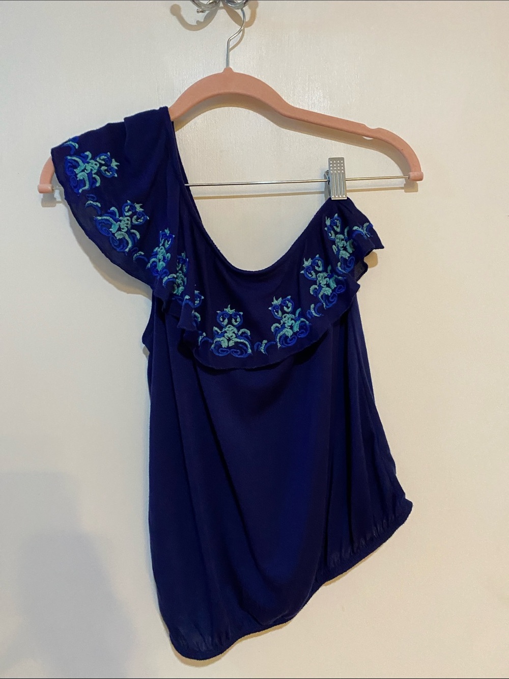 Red Camel Navy One-Shoulder Camisole with Aqua Embroidery